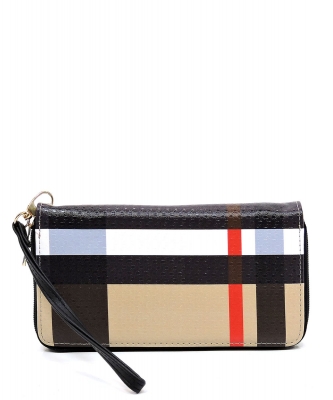Plaid Check Printed Zip Around Wallet Wristlet BT020 BLACK